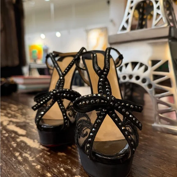 Christian Louboutin Black Lace and Satin Platform Pumps - Picture 2 of 4